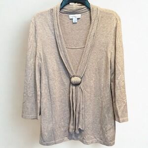 Knit Accent Sweater Top Beige Coastal Grandma Boho Tassel Trim Minimalist Chic S